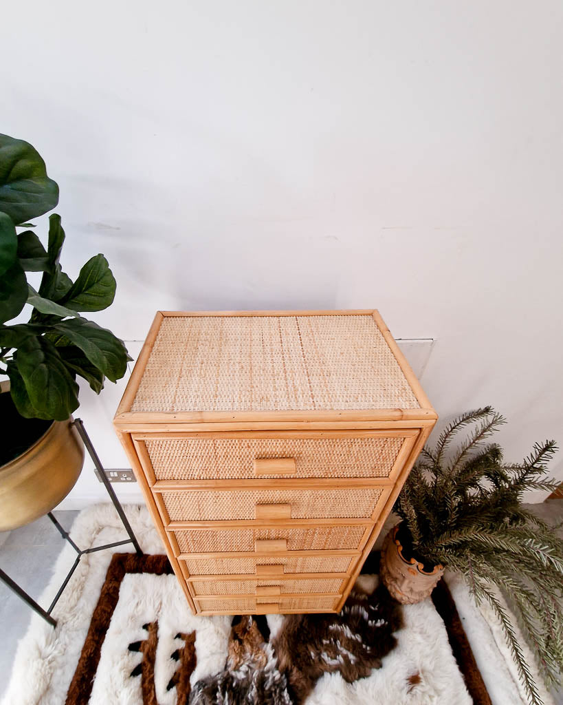 Mid Century Bamboo & Rattan Tall Chest of Drawers