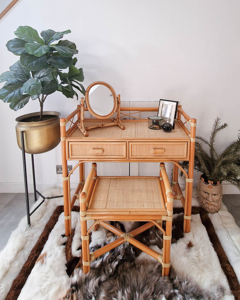 Mid Century Rattan & Cane Bamboo Dressing Table & Stool