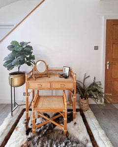 Mid Century Rattan & Cane Bamboo Dressing Table & Stool