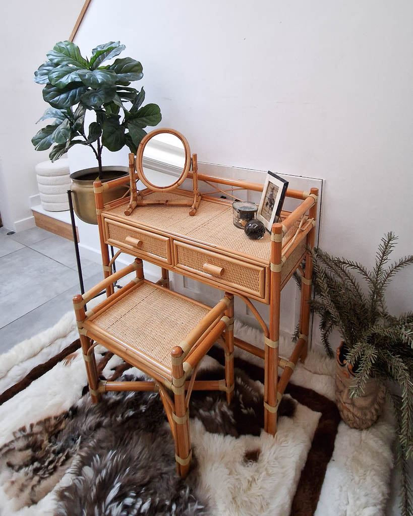 Mid Century Rattan & Cane Bamboo Dressing Table & Stool