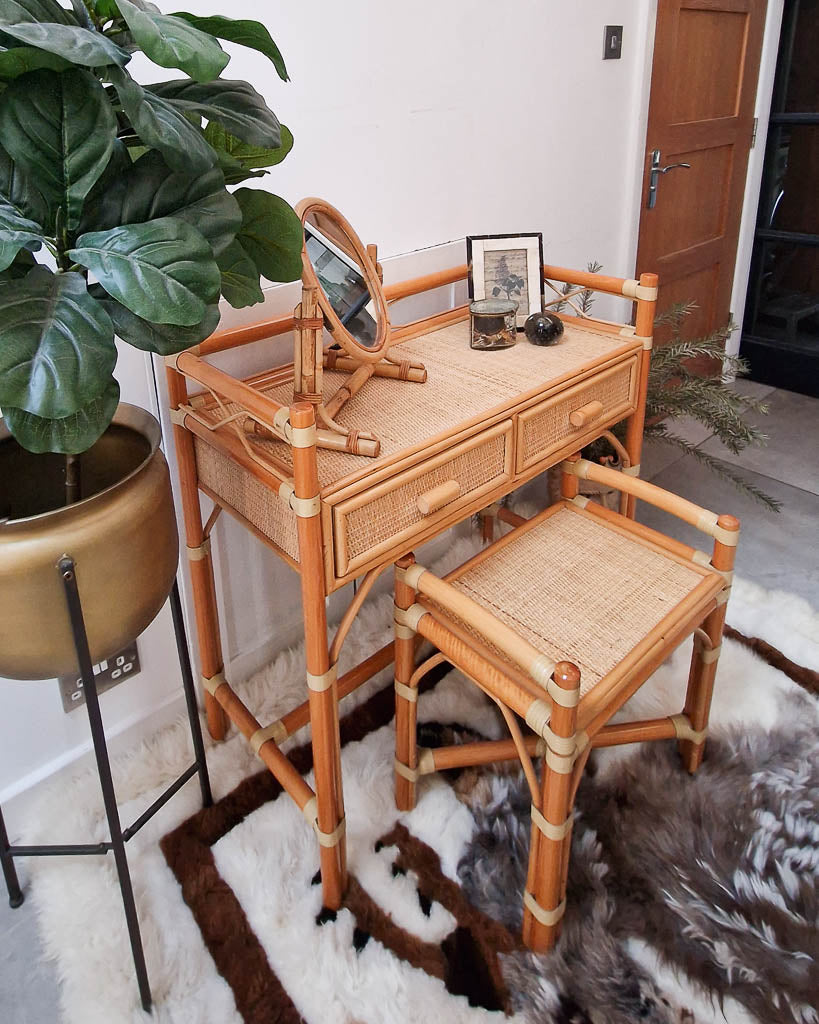 Mid Century Rattan & Cane Bamboo Dressing Table & Stool