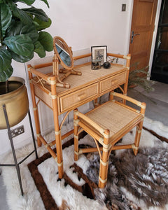 Mid Century Rattan & Cane Bamboo Dressing Table & Stool