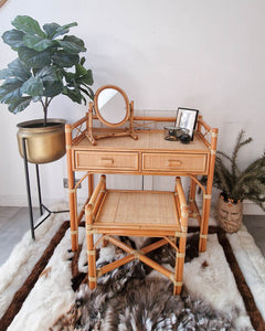 Mid Century Rattan & Cane Bamboo Dressing Table & Stool