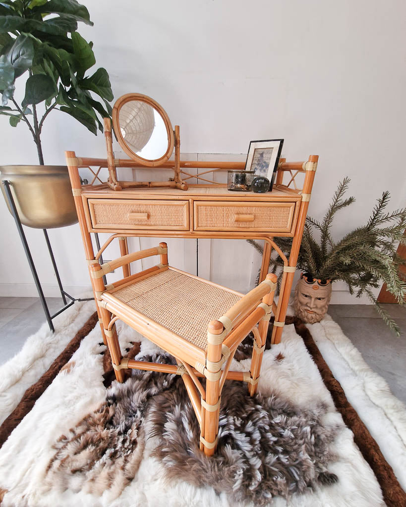 Mid Century Rattan & Cane Bamboo Dressing Table & Stool