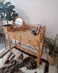 Mid Century Rattan & Cane Bamboo Dressing Table & Stool