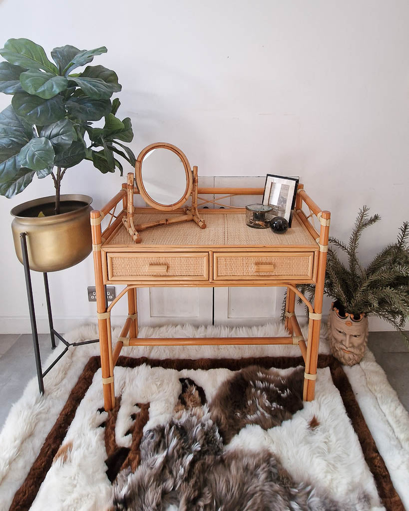 Mid Century Rattan & Cane Bamboo Dressing Table & Stool