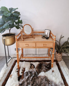 Mid Century Rattan & Cane Bamboo Dressing Table & Stool