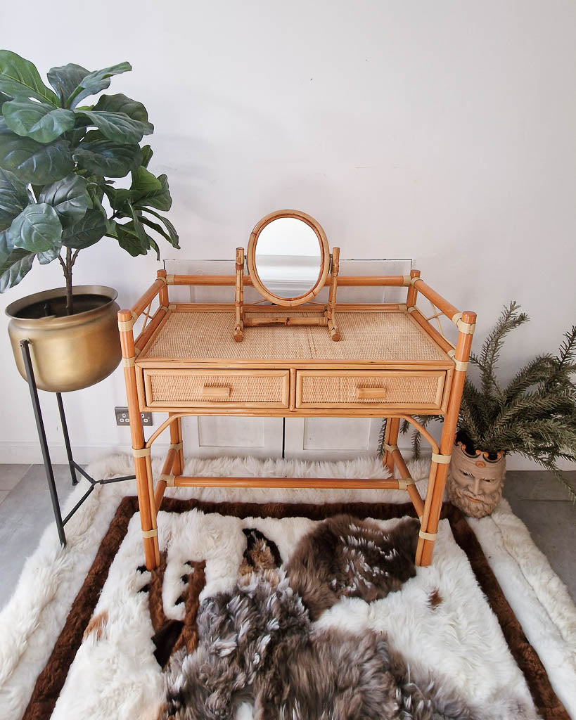 Mid Century Rattan & Cane Bamboo Dressing Table & Stool