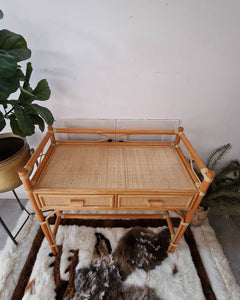 Mid Century Rattan & Cane Bamboo Dressing Table & Stool