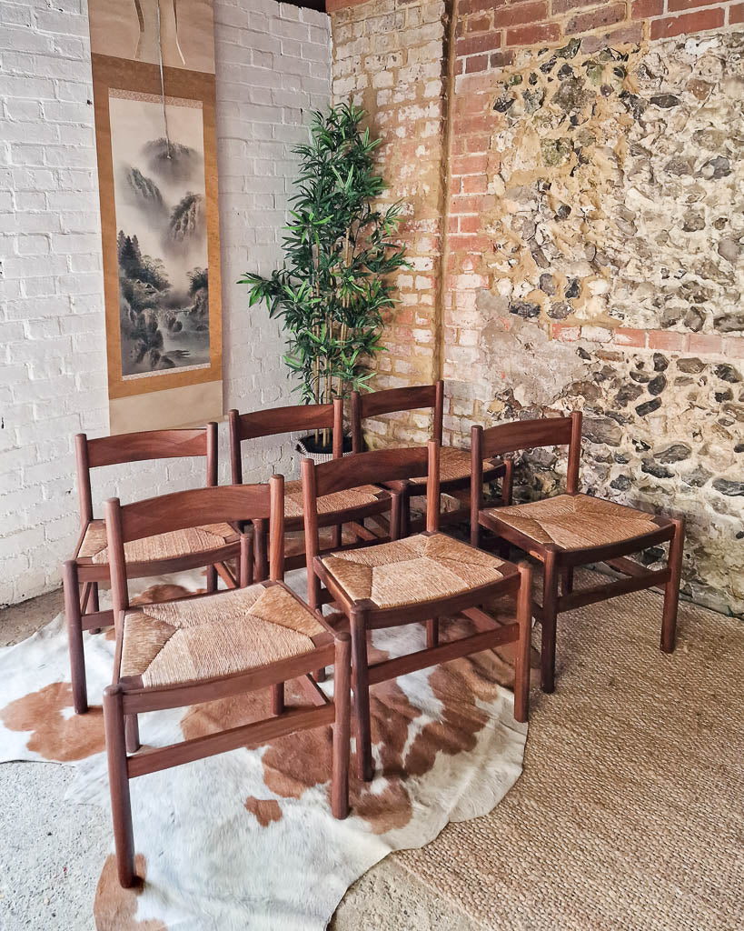 Mid Century French Rustic Teak & Rush Dining Chairs (x6)