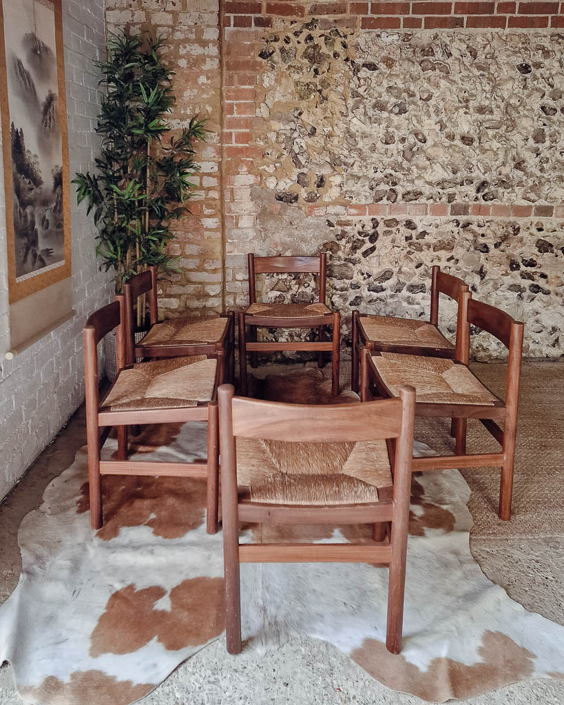 Mid Century French Rustic Teak & Rush Dining Chairs (x6)