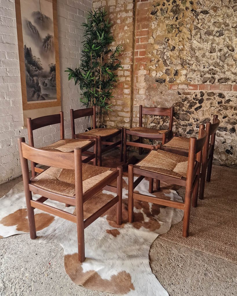 Mid Century French Rustic Teak & Rush Dining Chairs (x6)