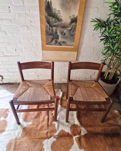 Mid Century French Rustic Teak & Rush Dining Chairs (x6)