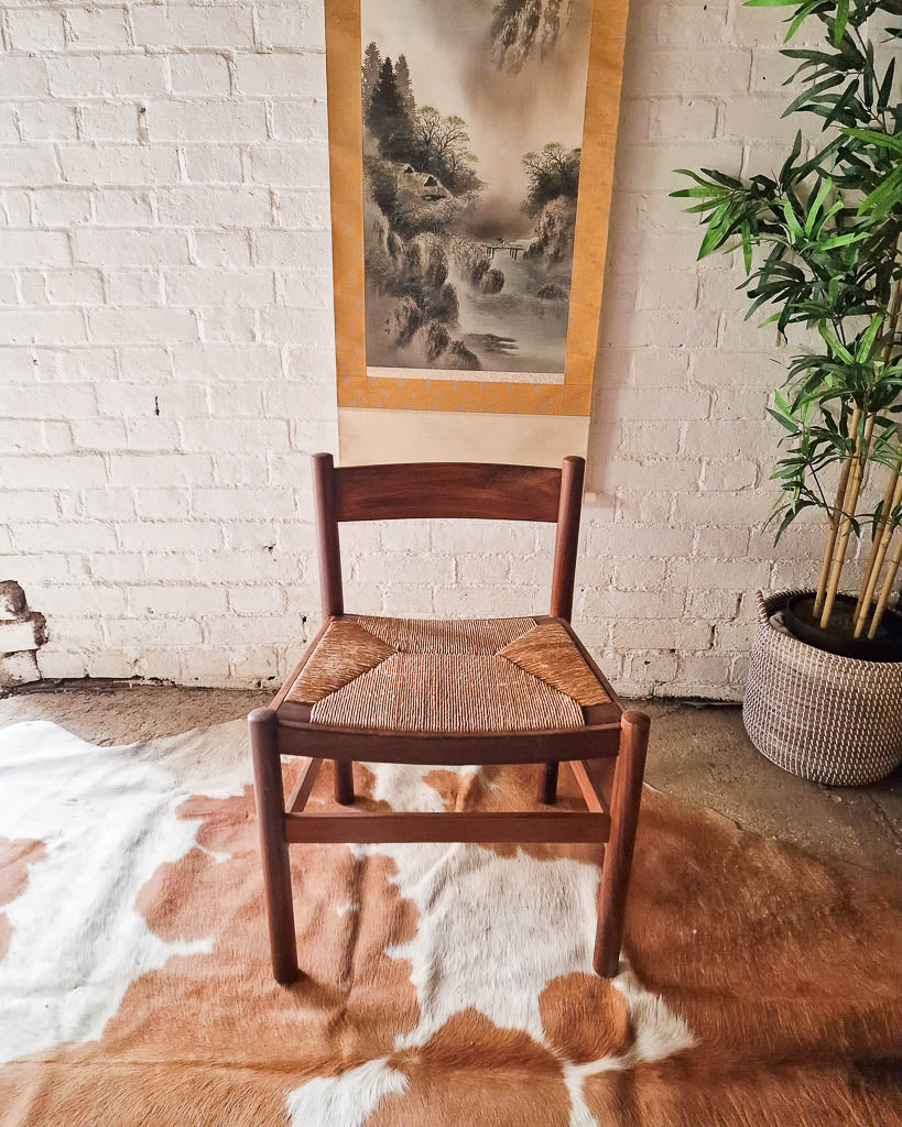 Mid Century French Rustic Teak & Rush Dining Chairs (x6)