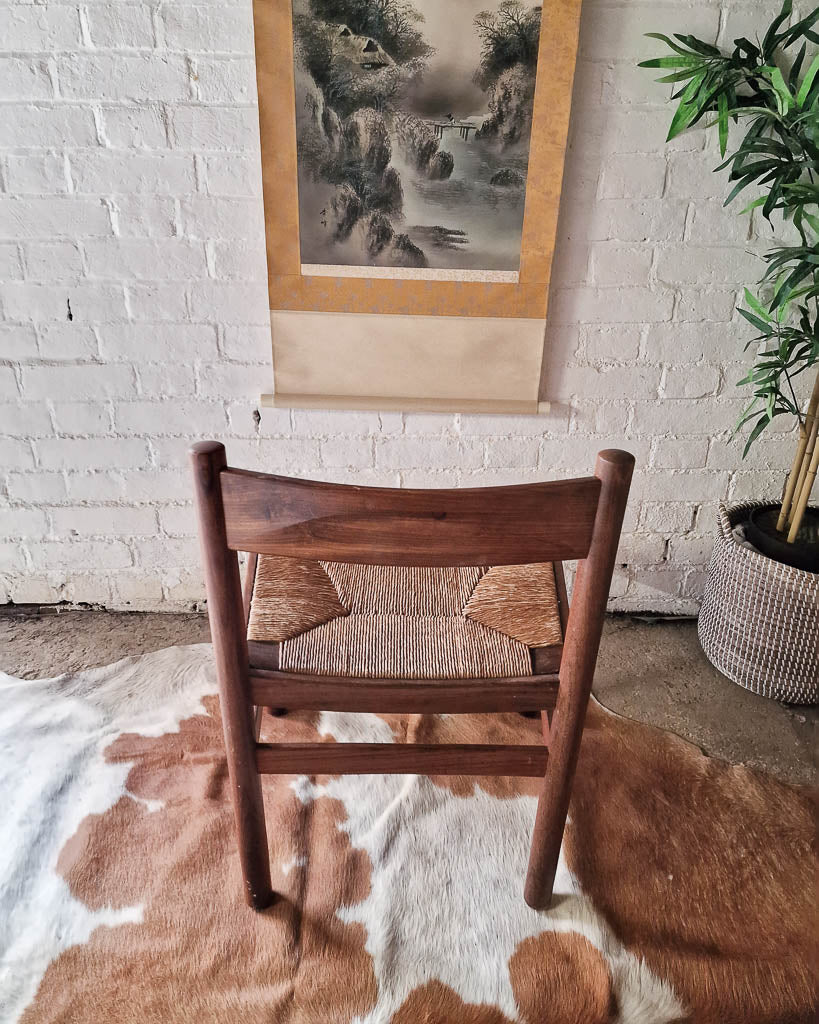 Mid Century French Rustic Teak & Rush Dining Chairs (x6)