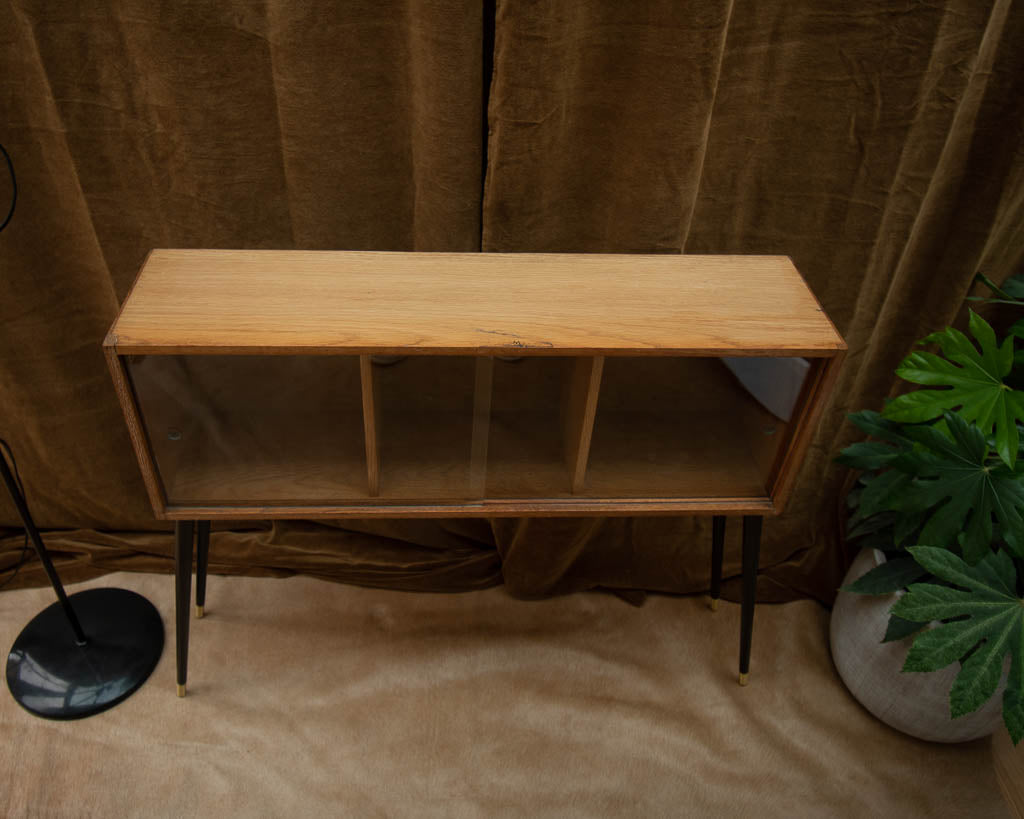 Mid Century Small Light Oak Cocktail Cabinet / Console (Glass Door)