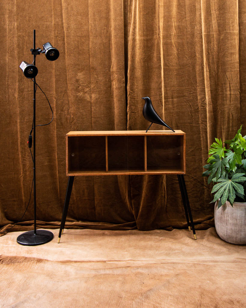 Mid Century Small Light Oak Cocktail Cabinet / Console (Glass Door)